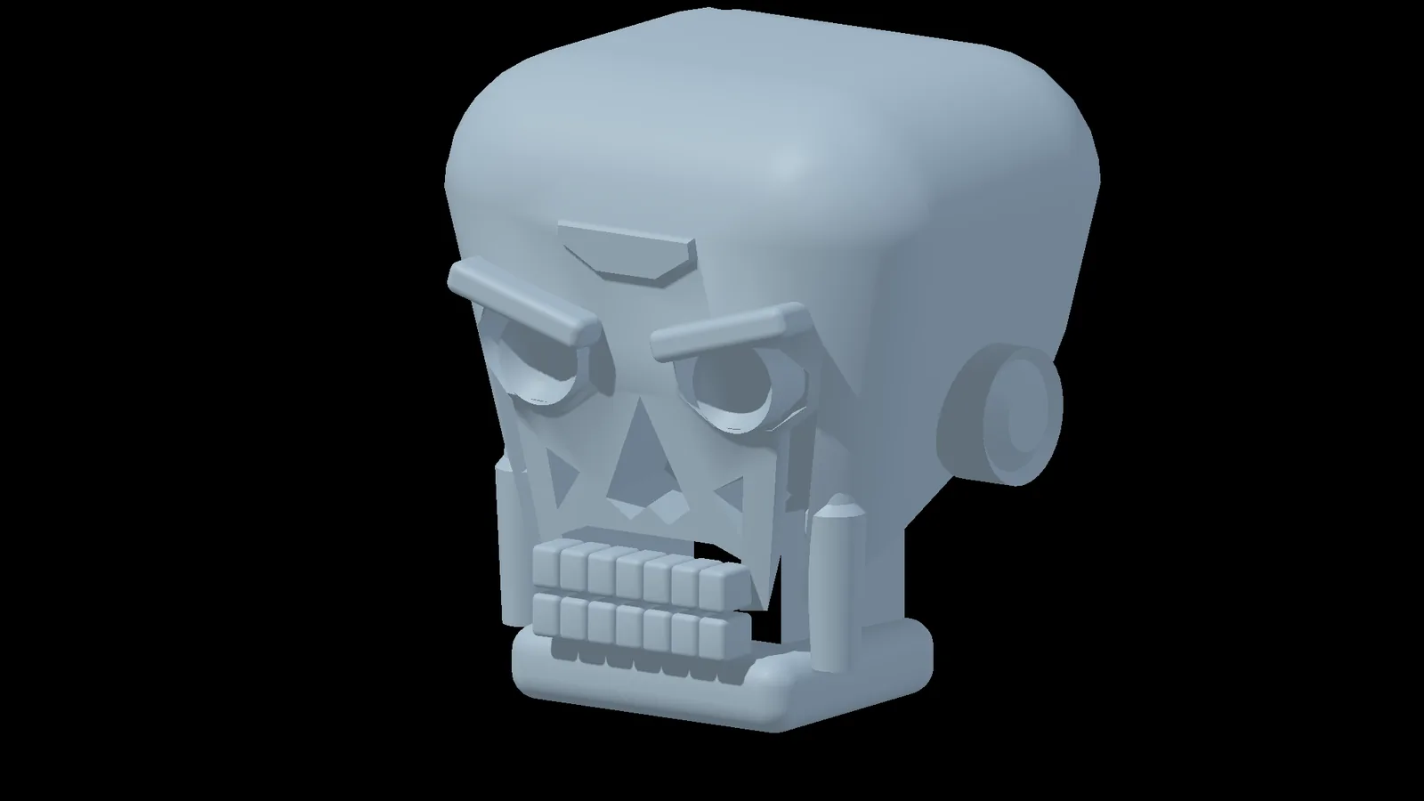 A blocky robot skull with a heavy brow and square teeth
