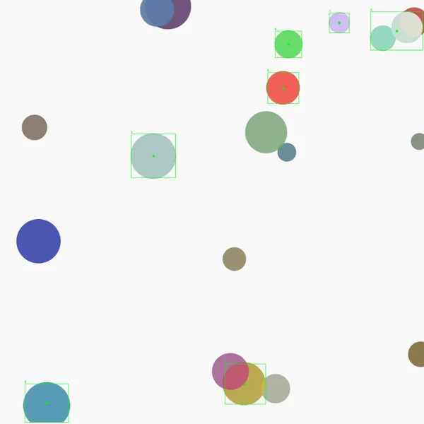 colored spots found and boxed by the blob tracker