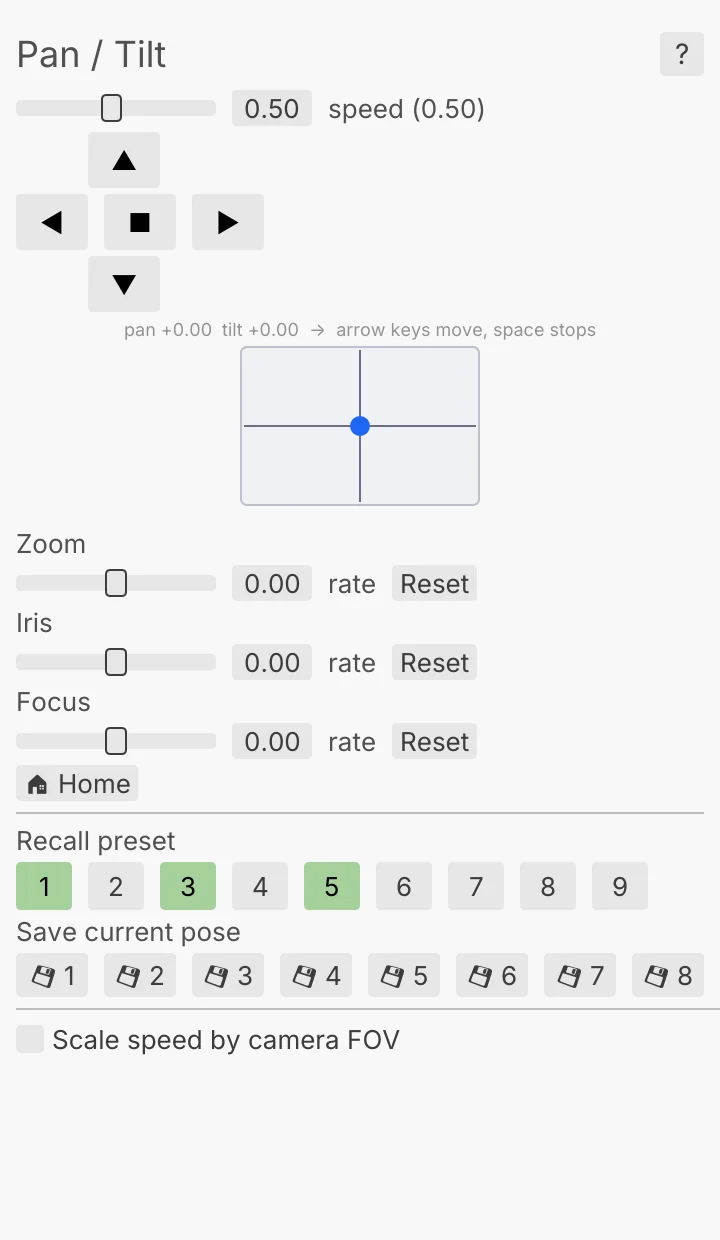 the PTZ controller: a pan and tilt pad, zoom and preset keys