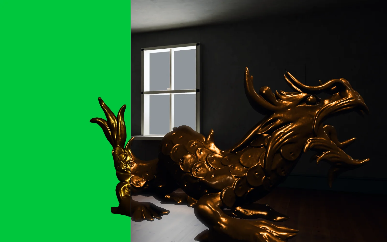 the dragon on green at the left, keyed into the empty room at the right