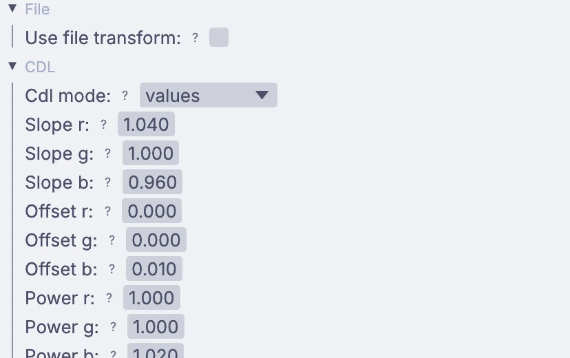 the OCIO node in Properties: a CDL with slope, offset and power values