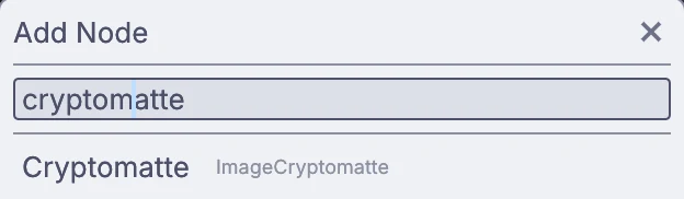 quick-add with cryptomatte typed, offering Cryptomatte