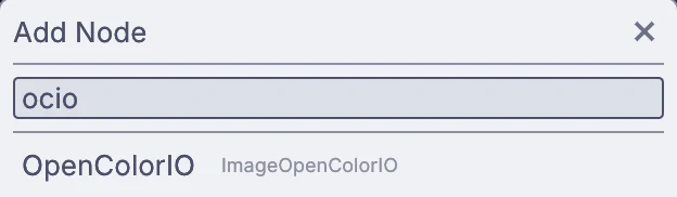 quick-add with ocio typed, offering OpenColorIO