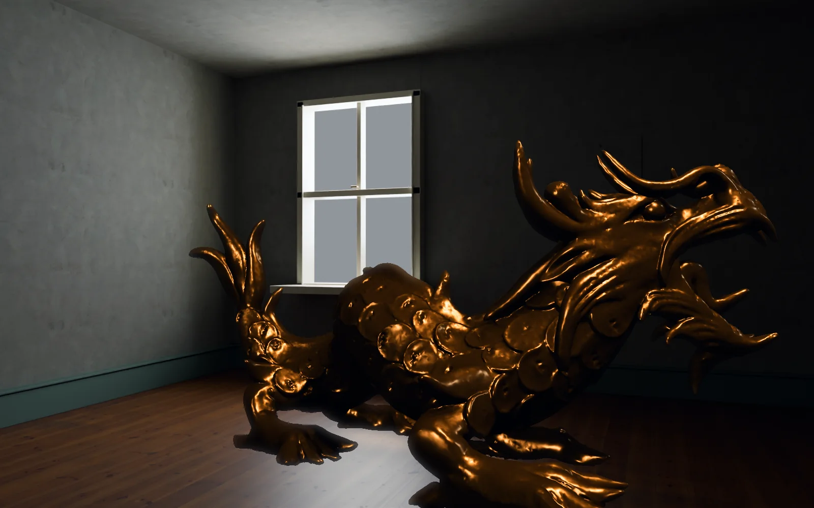 the finished comp: a gold CG dragon in an empty room by a window