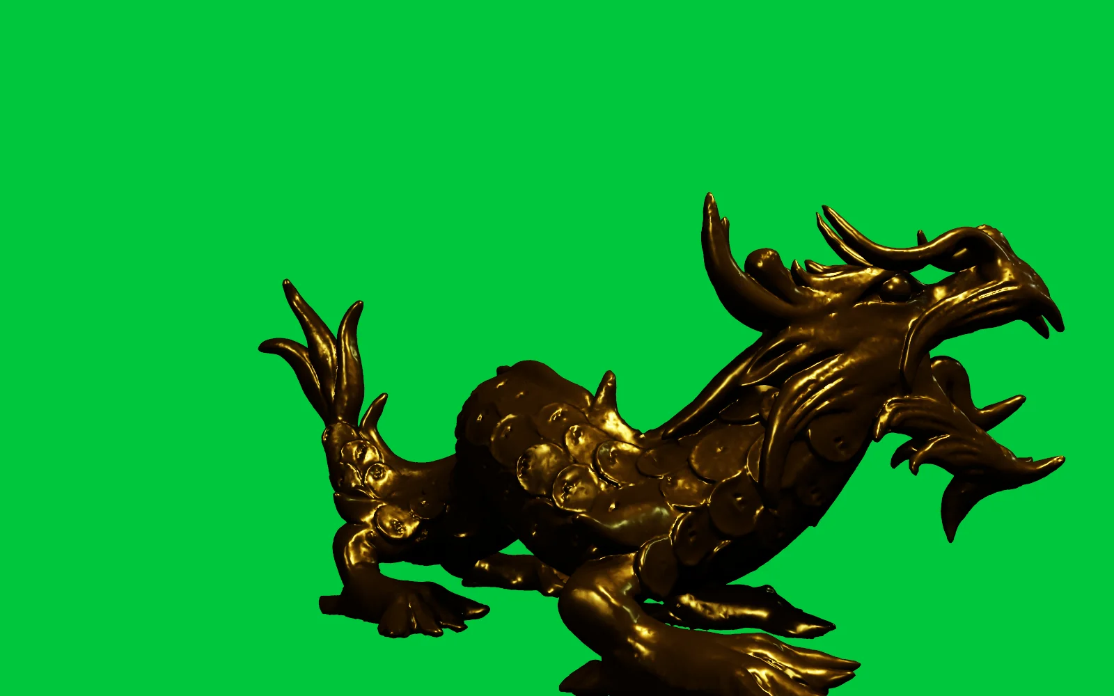 the green screen plate the comp starts from: a gold CG dragon rendered over flat green