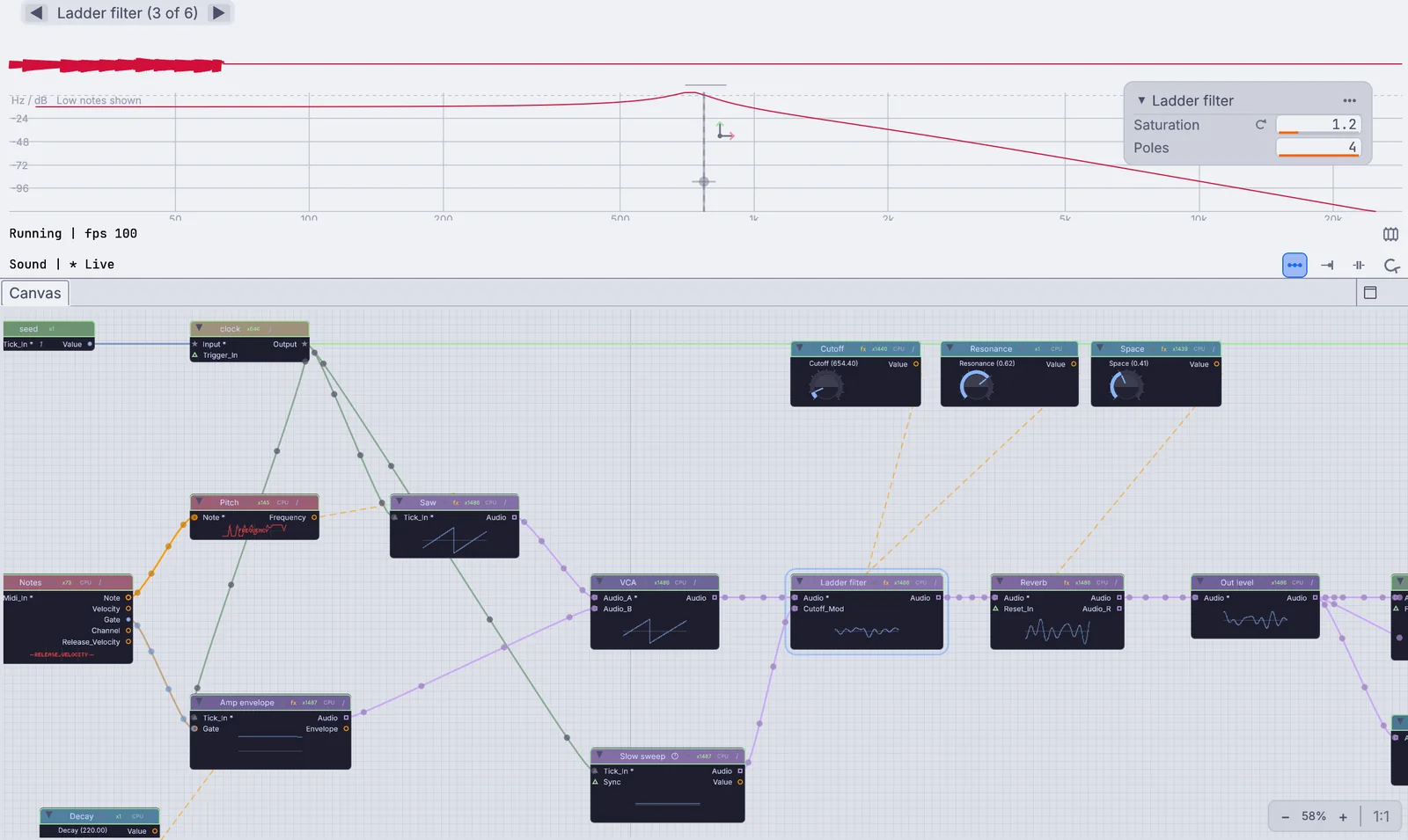 the ladder filter picked: its curve in the viewport, above the patch on the canvas
