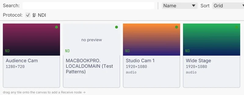 the Source Browser listing NDI sources on the network