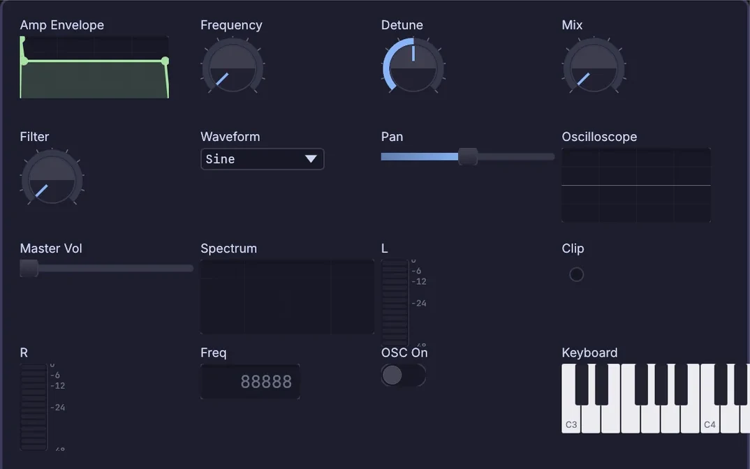 a synth panel built in the panel editor: knobs, an envelope, meters and a keyboard