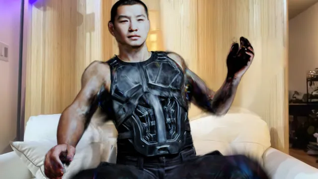 The same scanned man projected on a wall, copying the arm of the person in front of it, then dancing