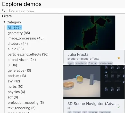 The Explore demos window: search, category filters and demo cards