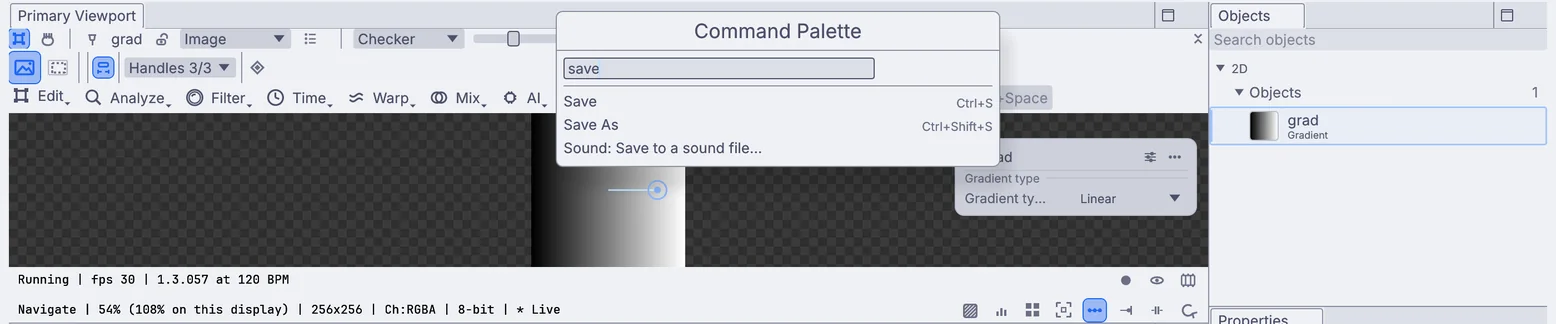 The command palette open with save typed in, listing Save, Save As and Sound: Save to a sound file