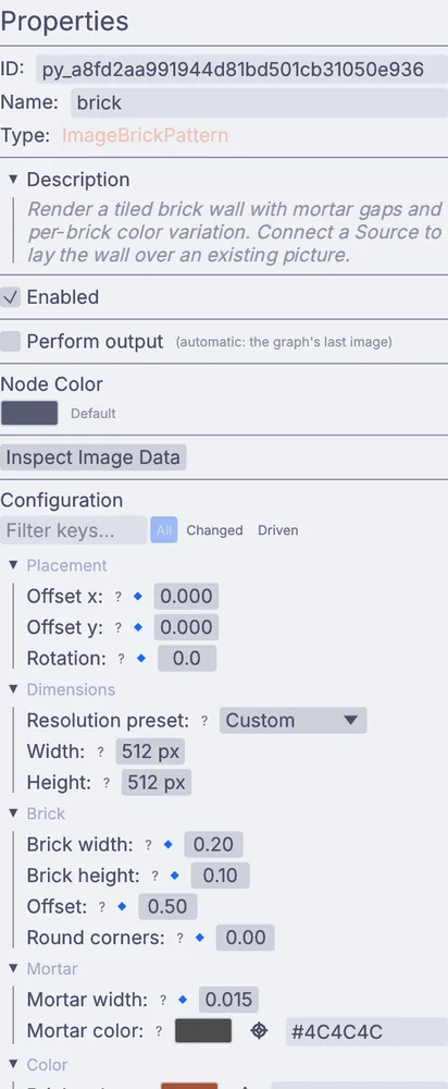 Properties for a brick pattern node, settings grouped into Placement, Dimensions, Brick and Mortar