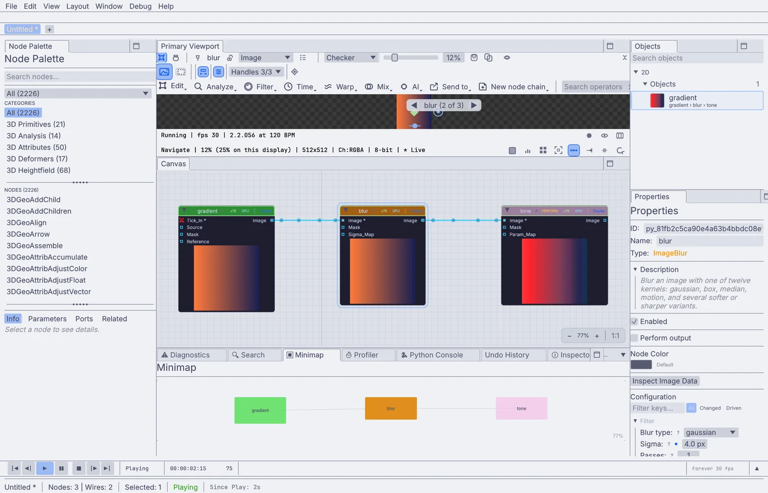 The Kinematic window: Node Palette, the viewport above the canvas, Objects and Properties, the timeline bar