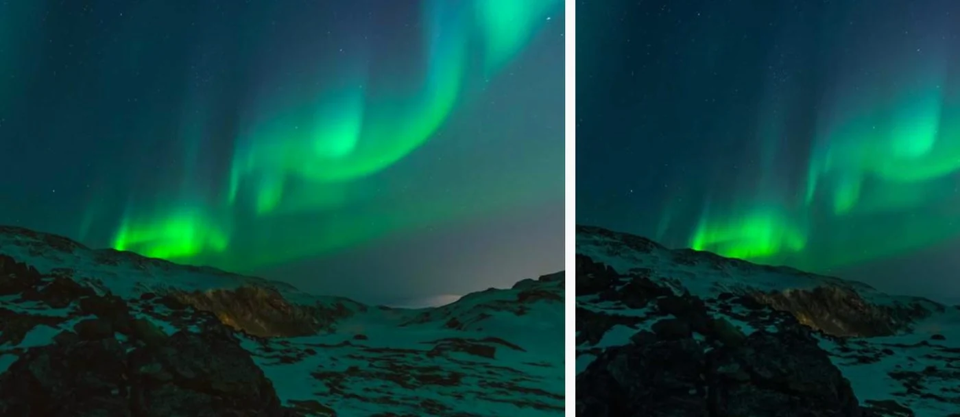the northern lights, graded two ways side by side