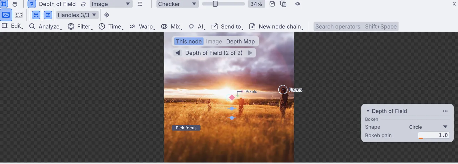 one toolbar: Edit, then Analyze, Filter, Time, Warp, Mix, AI and Send to. Here, depth of field: click to set the focus