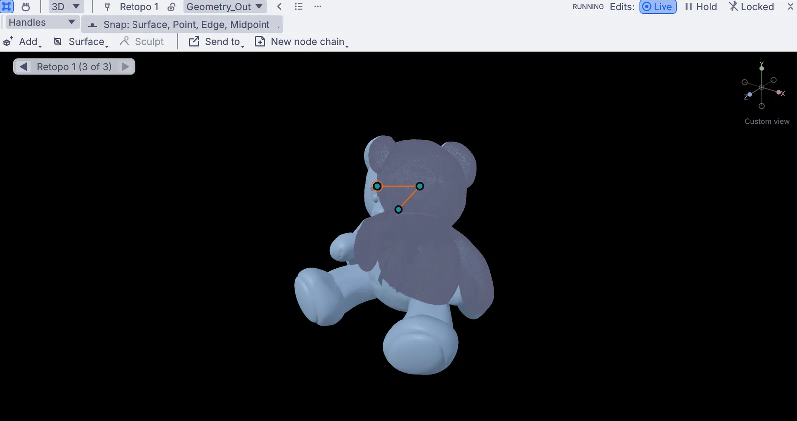 A light mesh drawn over a teddy bear sculpt in the viewport