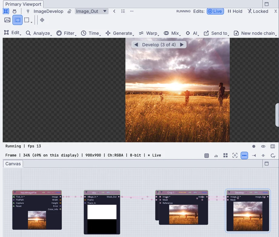 a sunset with the sky selected and developed, and the graph it built