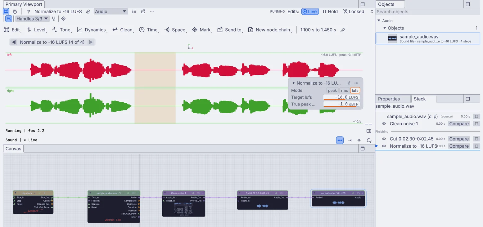 a take cleaned, cut and leveled on the waveform, each step on the canvas below