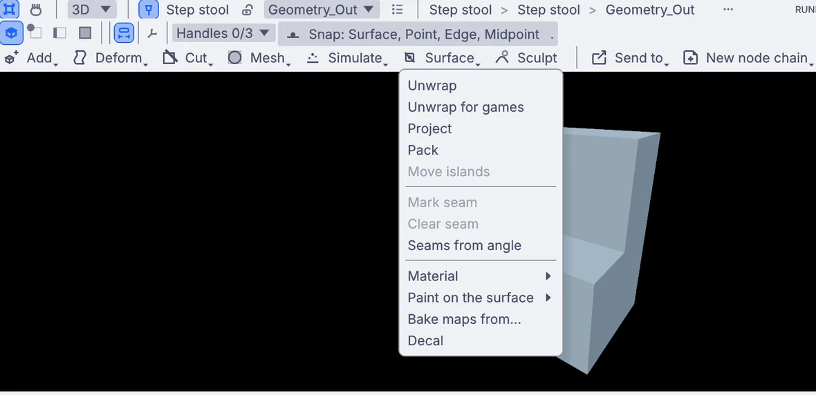 the Surface menu: unwrap, paint on the surface, bake, decal