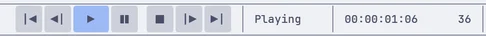 The timeline bar folded to one row: go to start, step back, play, pause, stop, step forward, go to end, Playing, 00:00:01:06, frame 36