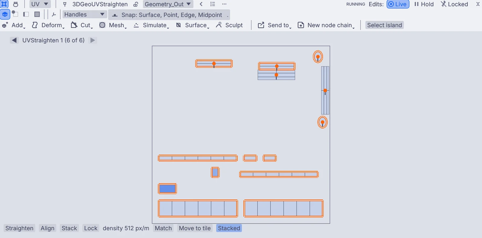 The UV editor with straightened, stacked islands packed into the square